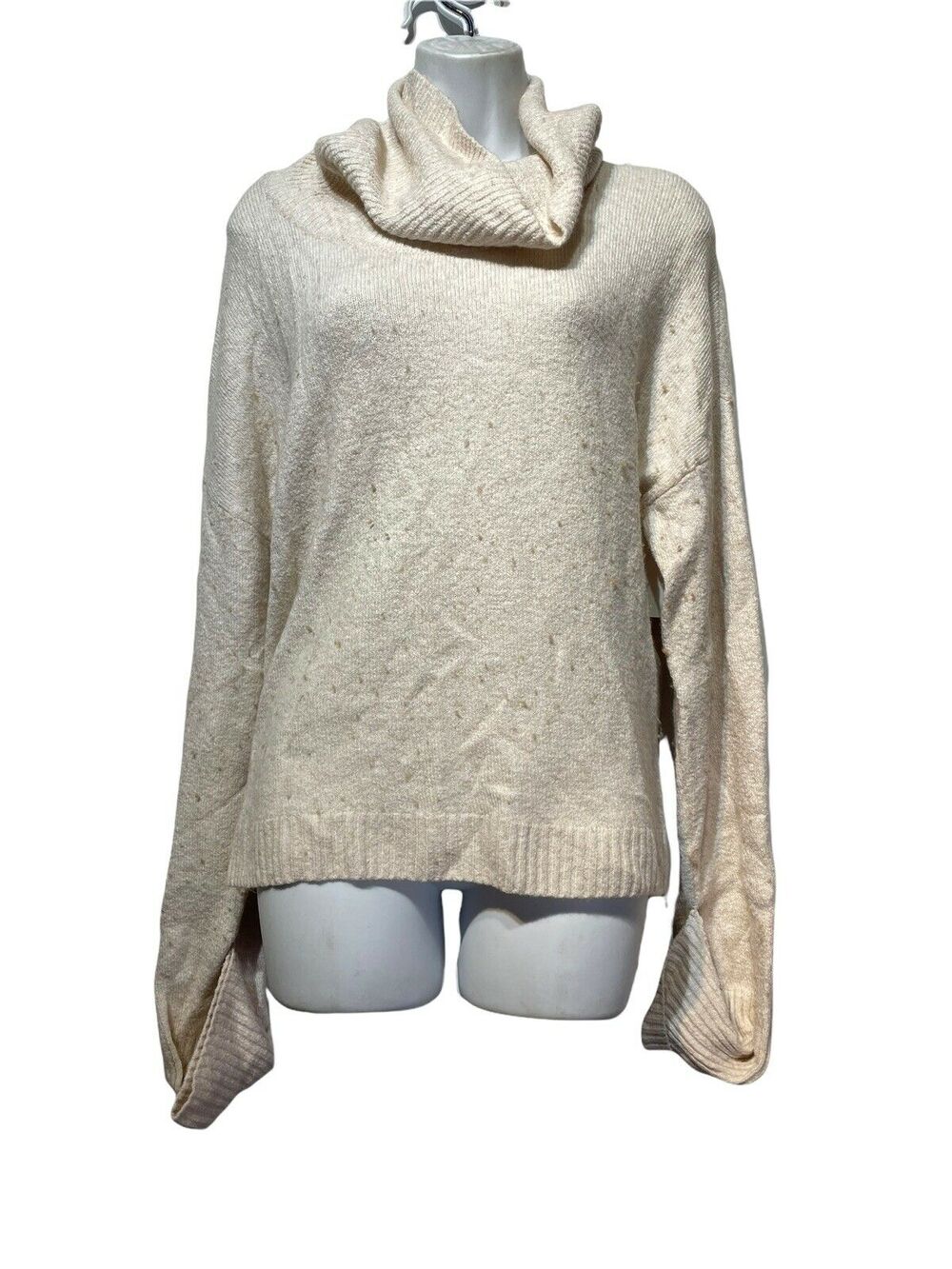 Chelsea28 Size S Tan Cream Speckled Tweed Cowl Neck Stretchy Cotton Wool Sweater
